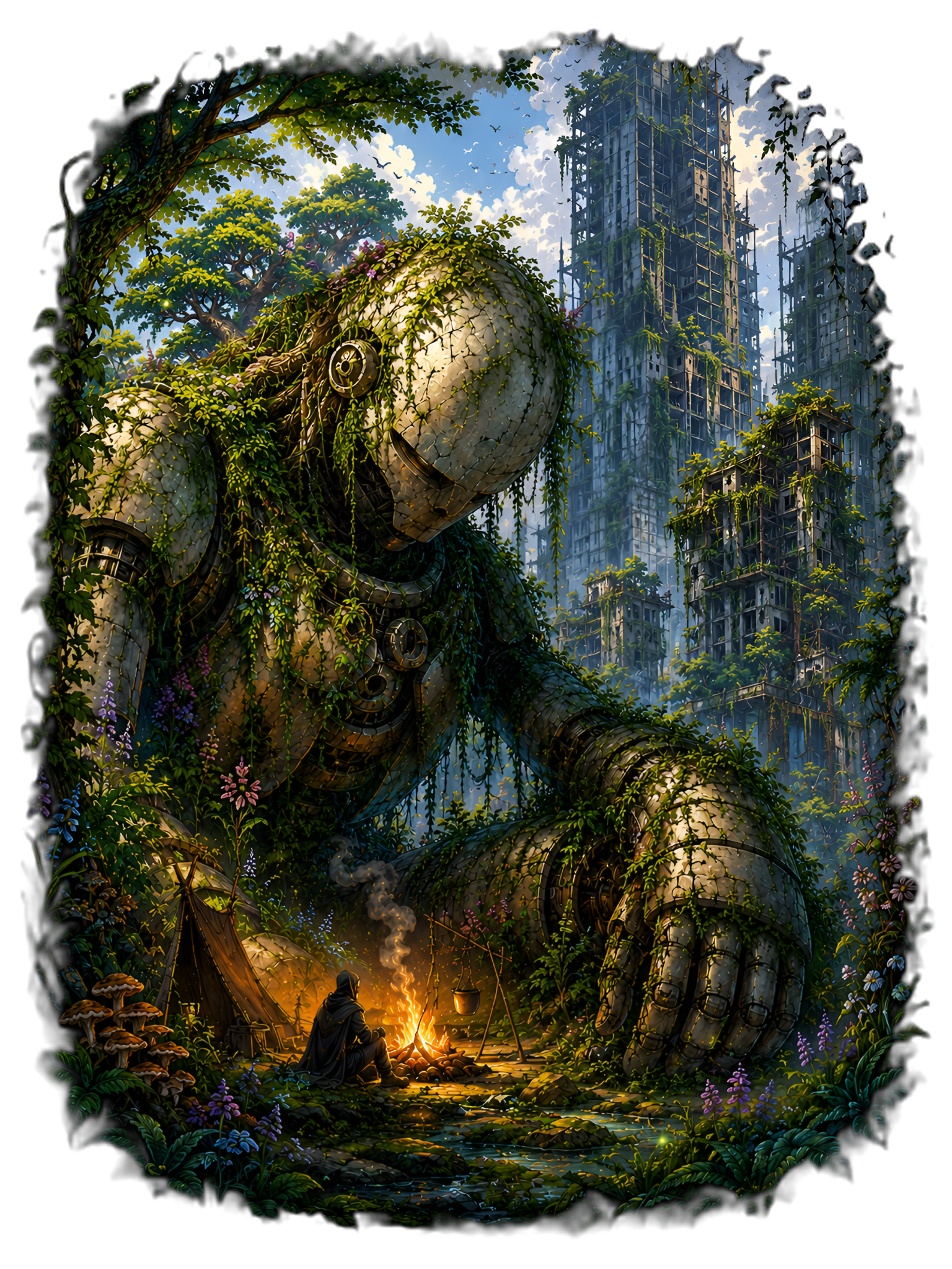 Overgrown ancient construct among ruined towers